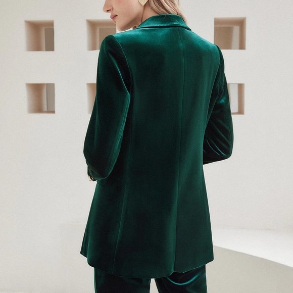 Green Preppy Womens Velvet Double Breasted Blazer - Picture 3 of 5